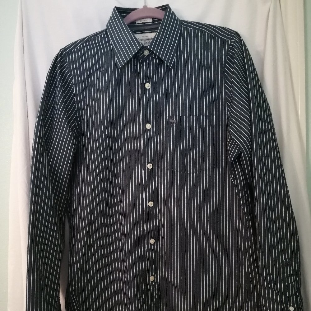 Abercrombie & Fitch Men's Blue and White Dress Shirt, LARGE, Pre-Owned